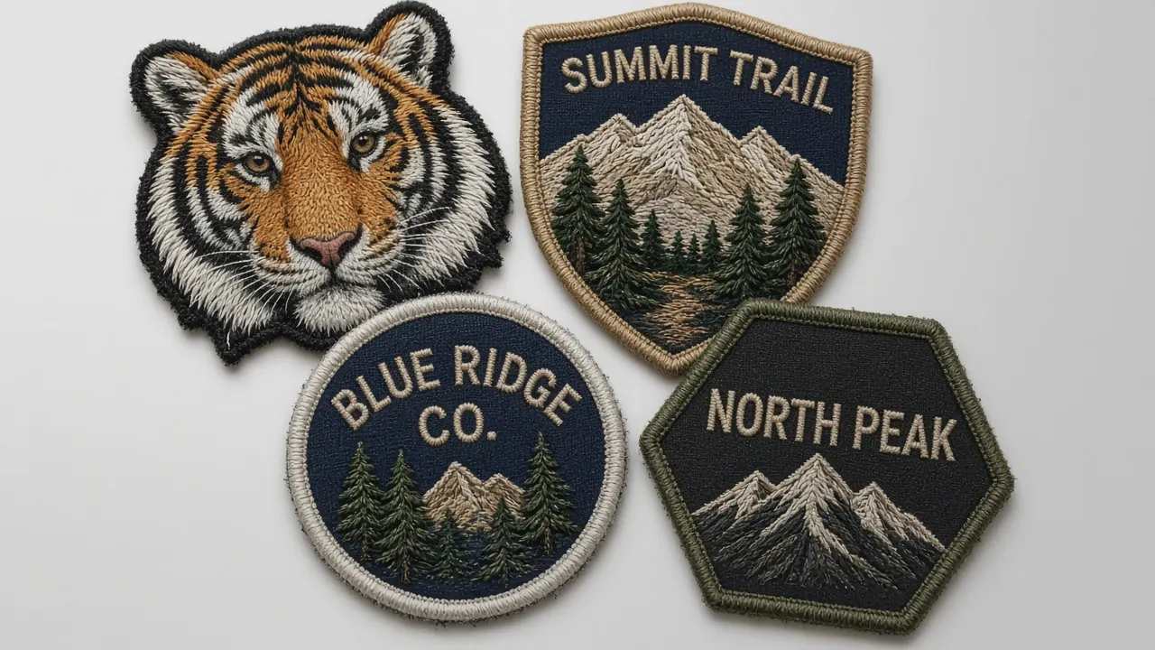Custom embroidered patches: tiger head mascot, mountain shield, round and hexagon patches with merrowed borders