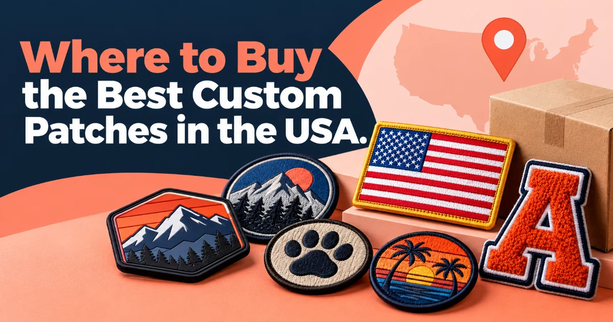Illustrated spread of custom patches with a shipping box and map pin under the title Where to Buy the Best Custom Patches in the USA